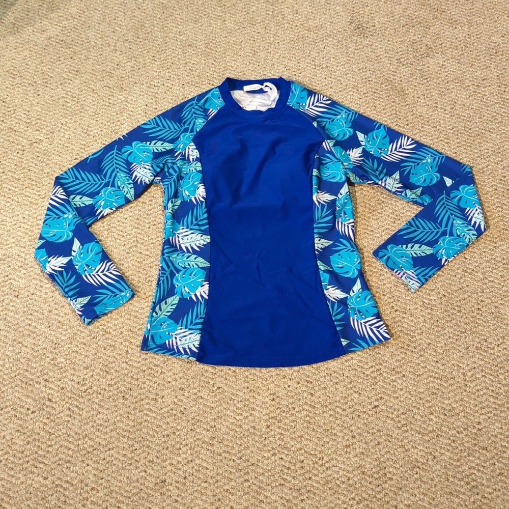 Jasambac Rash Guard Swim Shirt Womens Small Blue Tropical Padded Long Sleeve